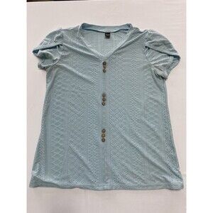 Salanta Blue Eyelet Crochet V-Neck Top - Boho Cottagecore Short Sleeve - Small